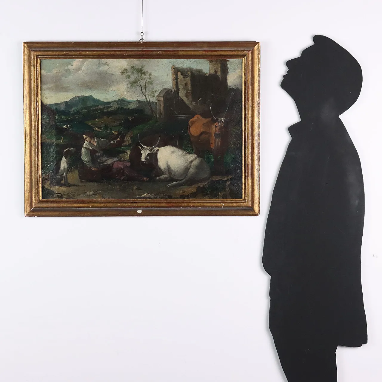 Paesaggio nordico con bestiame e pastorella, olio su tela, '700 2