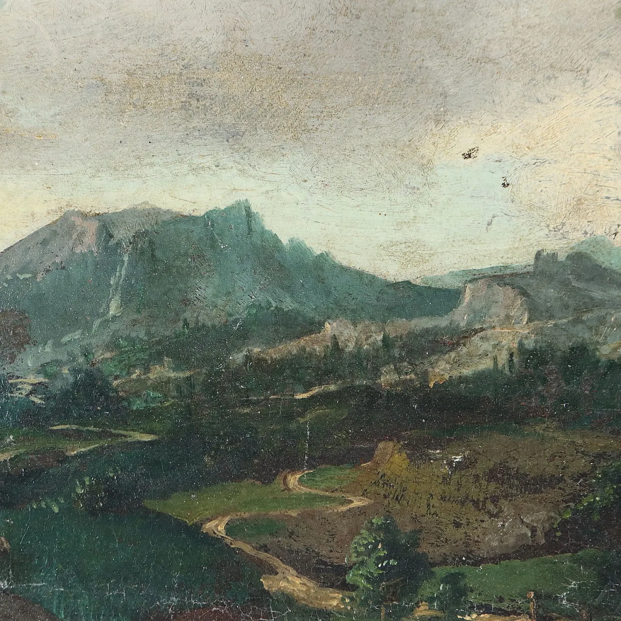 Paesaggio nordico con bestiame e pastorella, olio su tela, '700 9