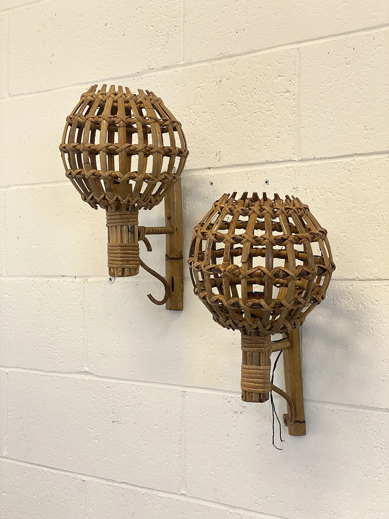 Pair of 1970s rattan and bamboo wall sconces 2