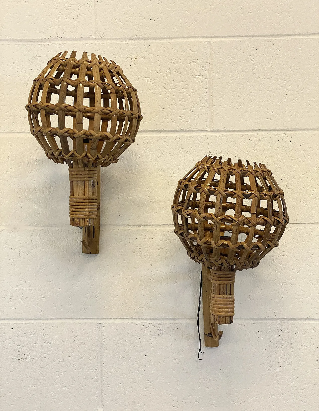 Pair of 1970s rattan and bamboo wall sconces 4