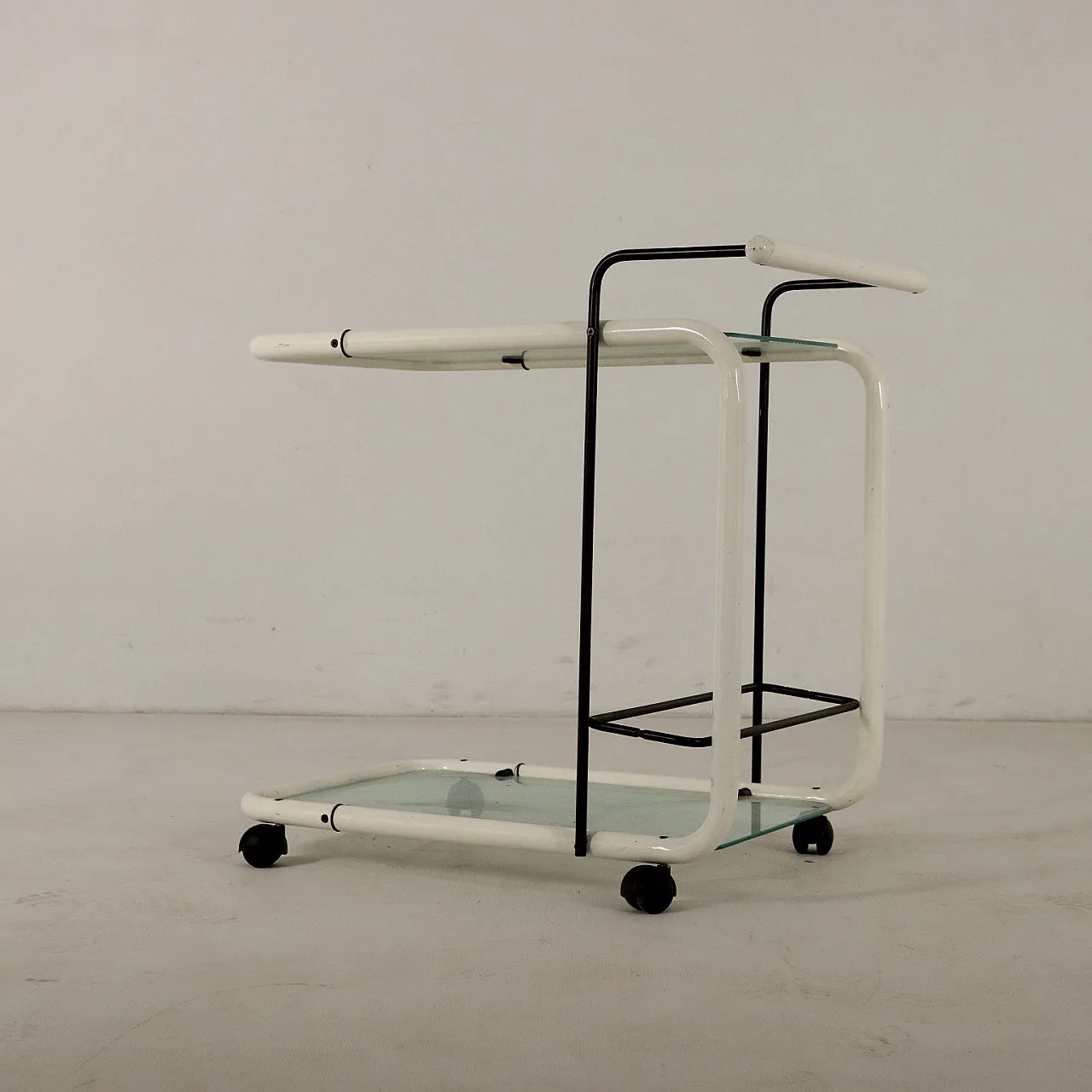 Bar cart with lacquered metal frame and double screened glass top, 1980s 7