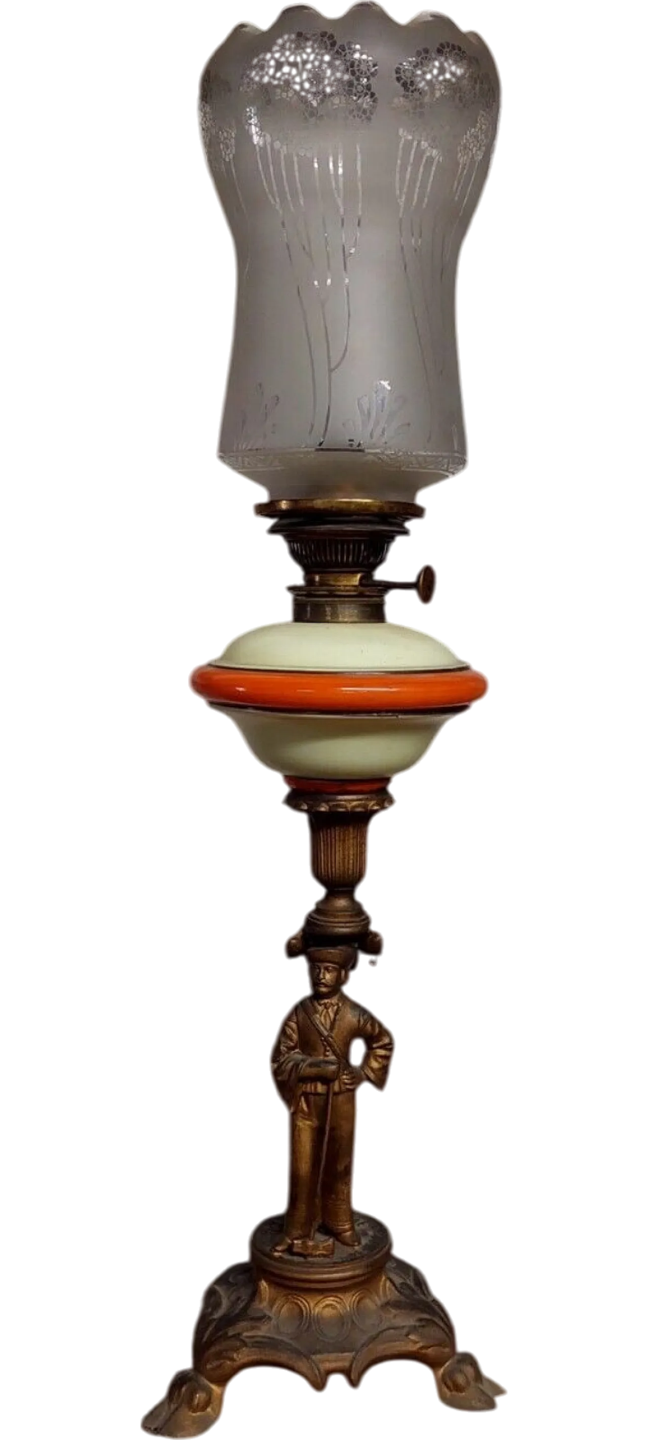 Lume a petrolio in metallo, ceramica e vetro, '800 11