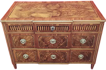 Comò a tre cassetti in radica di noce ed intarsi, '800