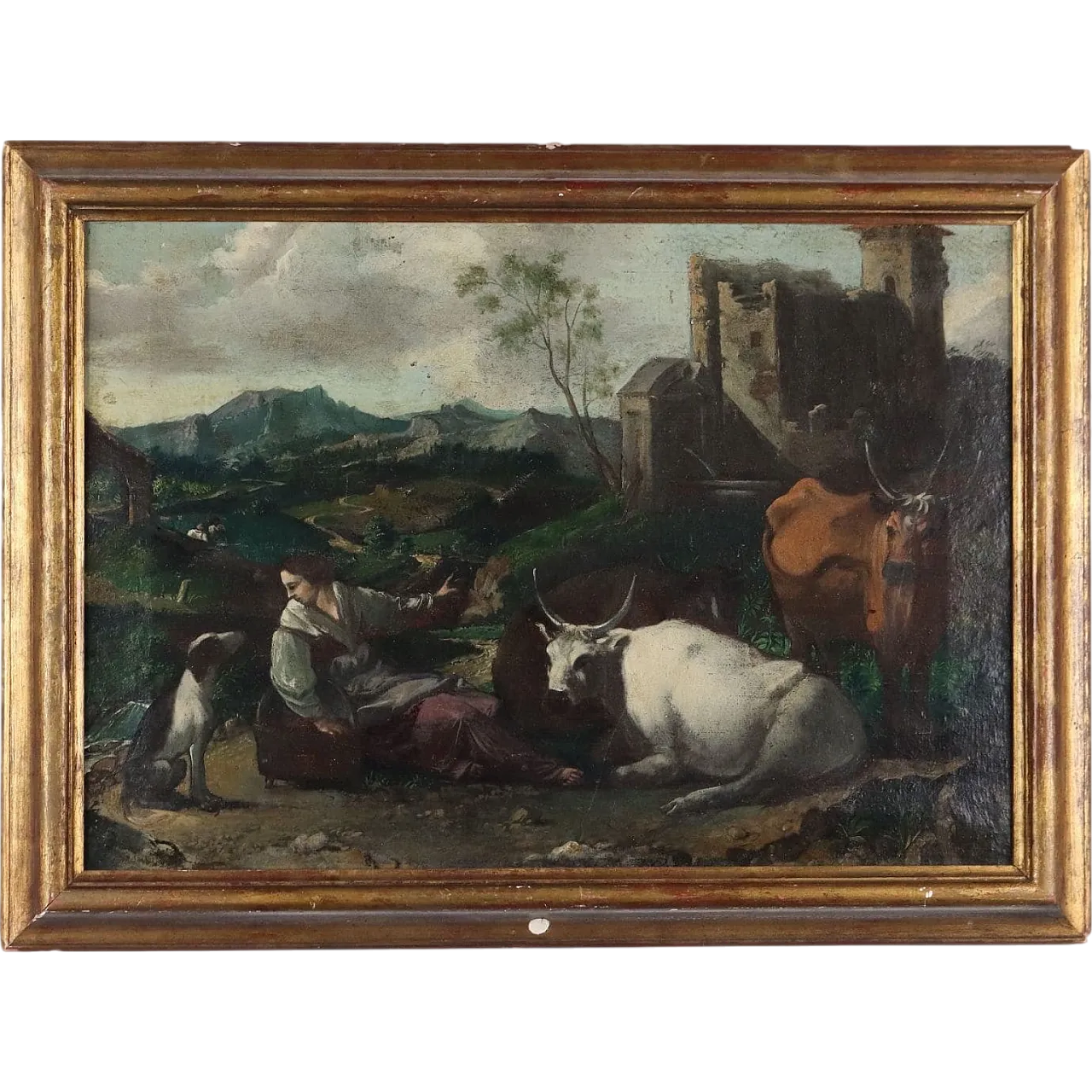 Paesaggio nordico con bestiame e pastorella, olio su tela, '700 11