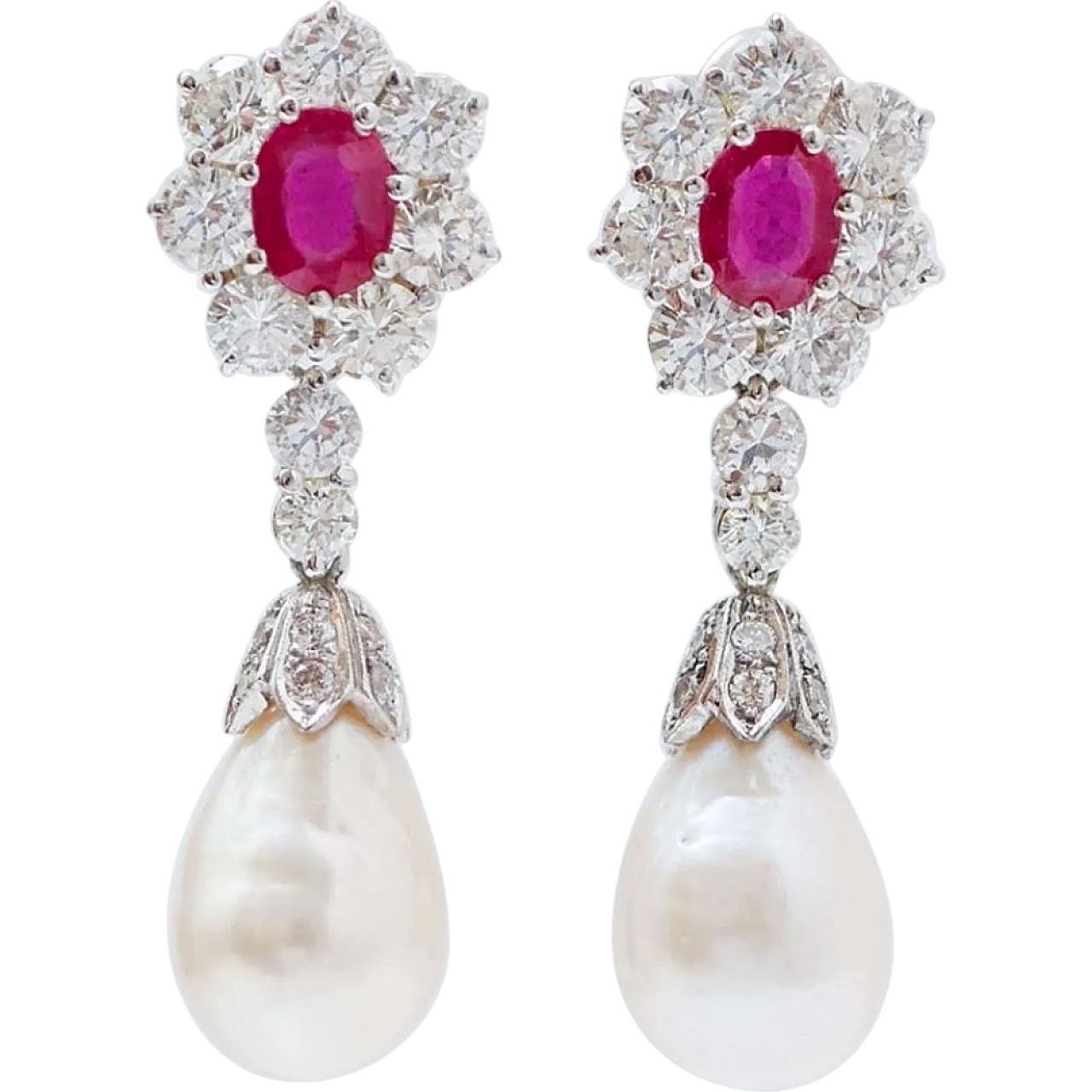 Orecchini con diamanti, rubini, perle, platino e oro, anni '70 7