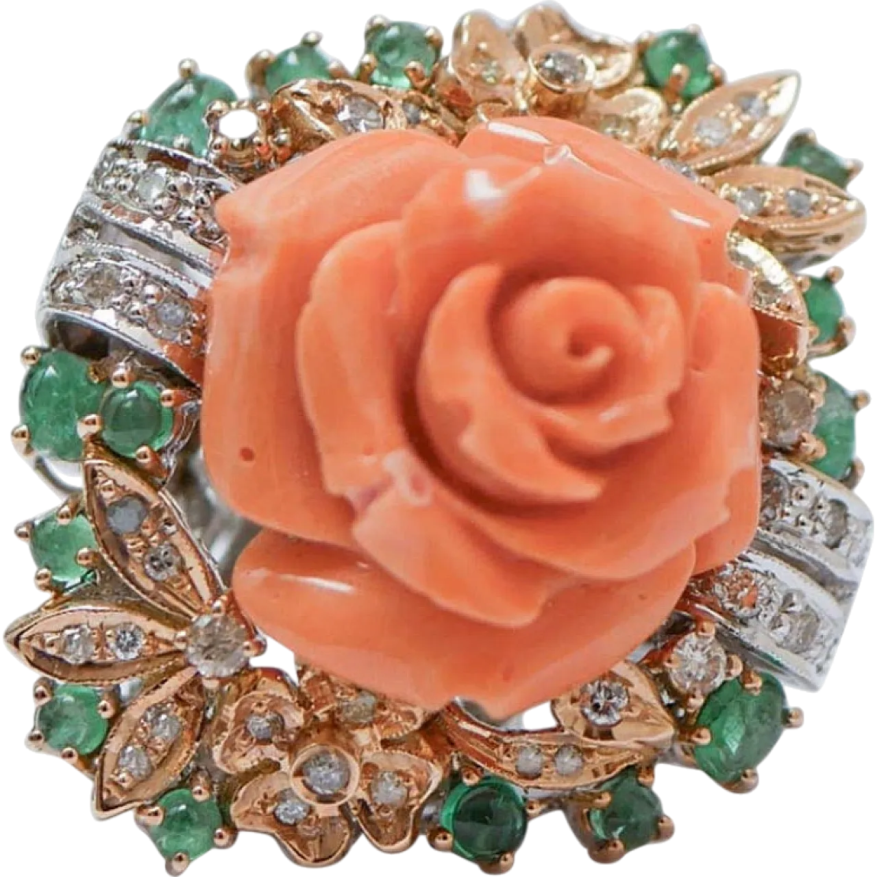 White gold ring with coral, emeralds, diamonds, 1960s 7