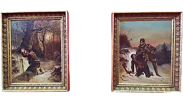 Pair of small paintings, hunting scene, 20th century
