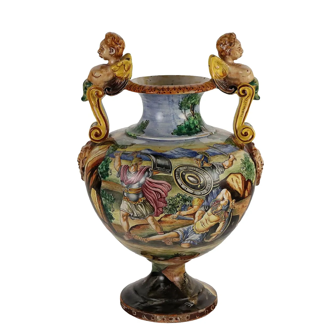 Painted majolica vase with winged figures and masks 1