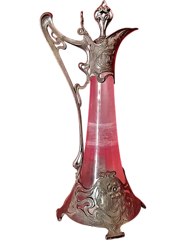 Brocca Art Nouveau in vetro e metallo, '900