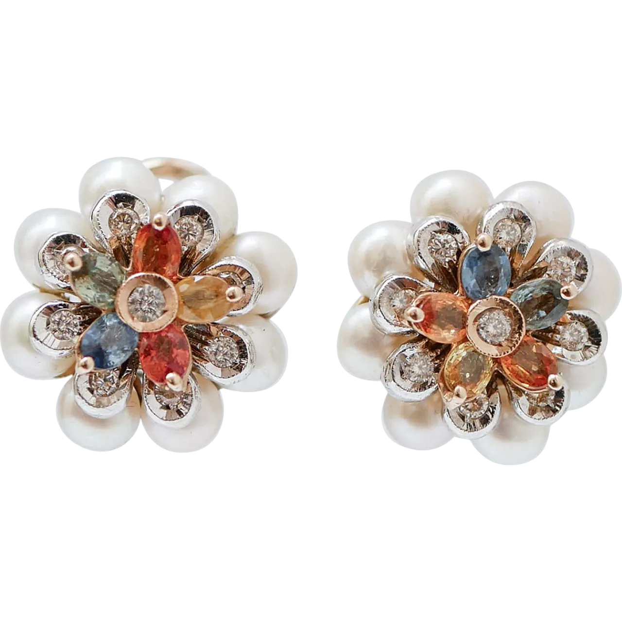 Orecchini a fiore in oro con zaffiri, diamanti e perle, anni '80 7