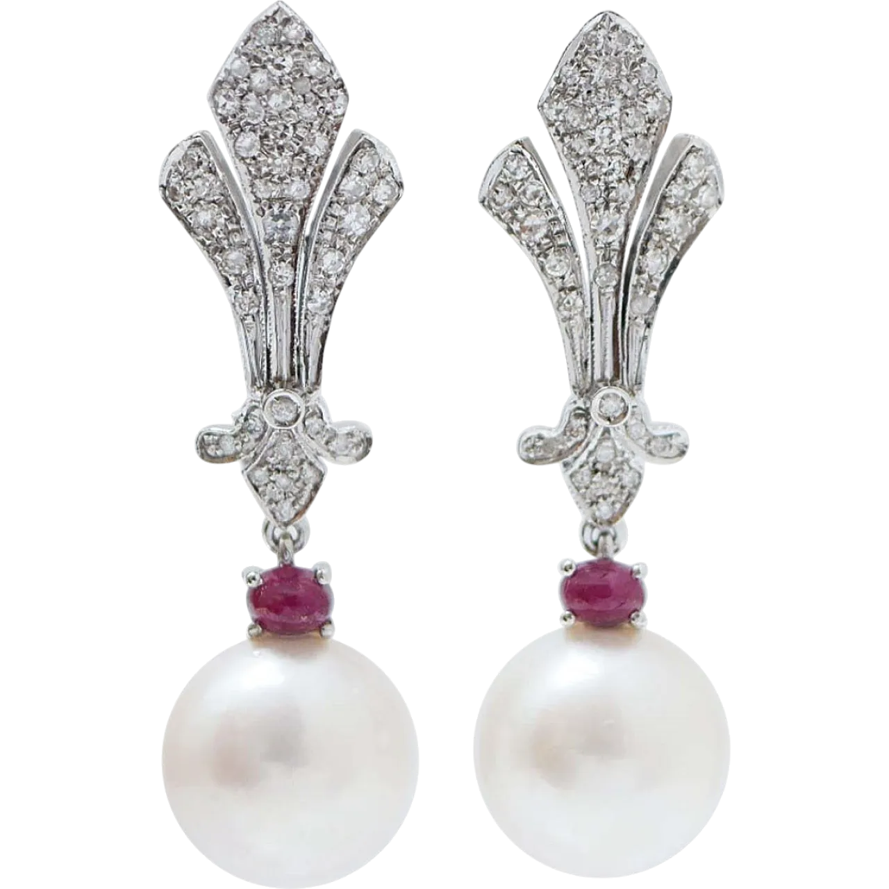 Orecchini in oro con perle bianche, rubini, e diamanti, anni '70 7