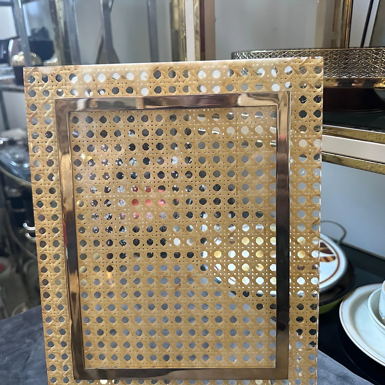 Dior Home brass, plexiglass and Vienna straw frame, 1980s 4