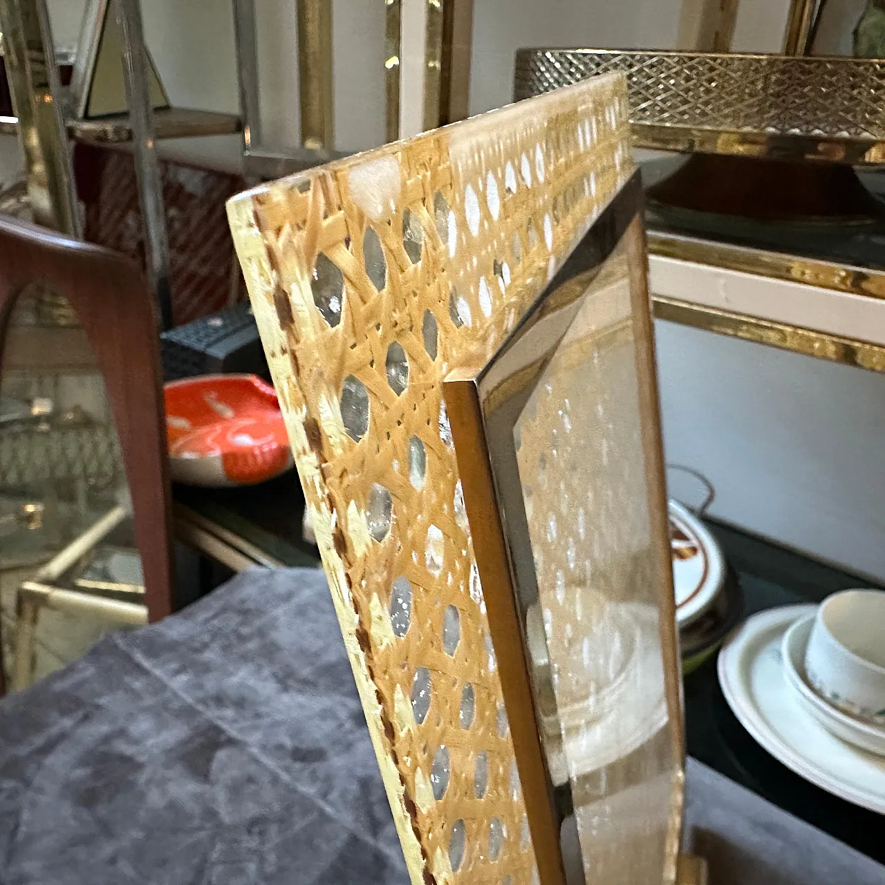 Dior Home brass, plexiglass and Vienna straw frame, 1980s 9