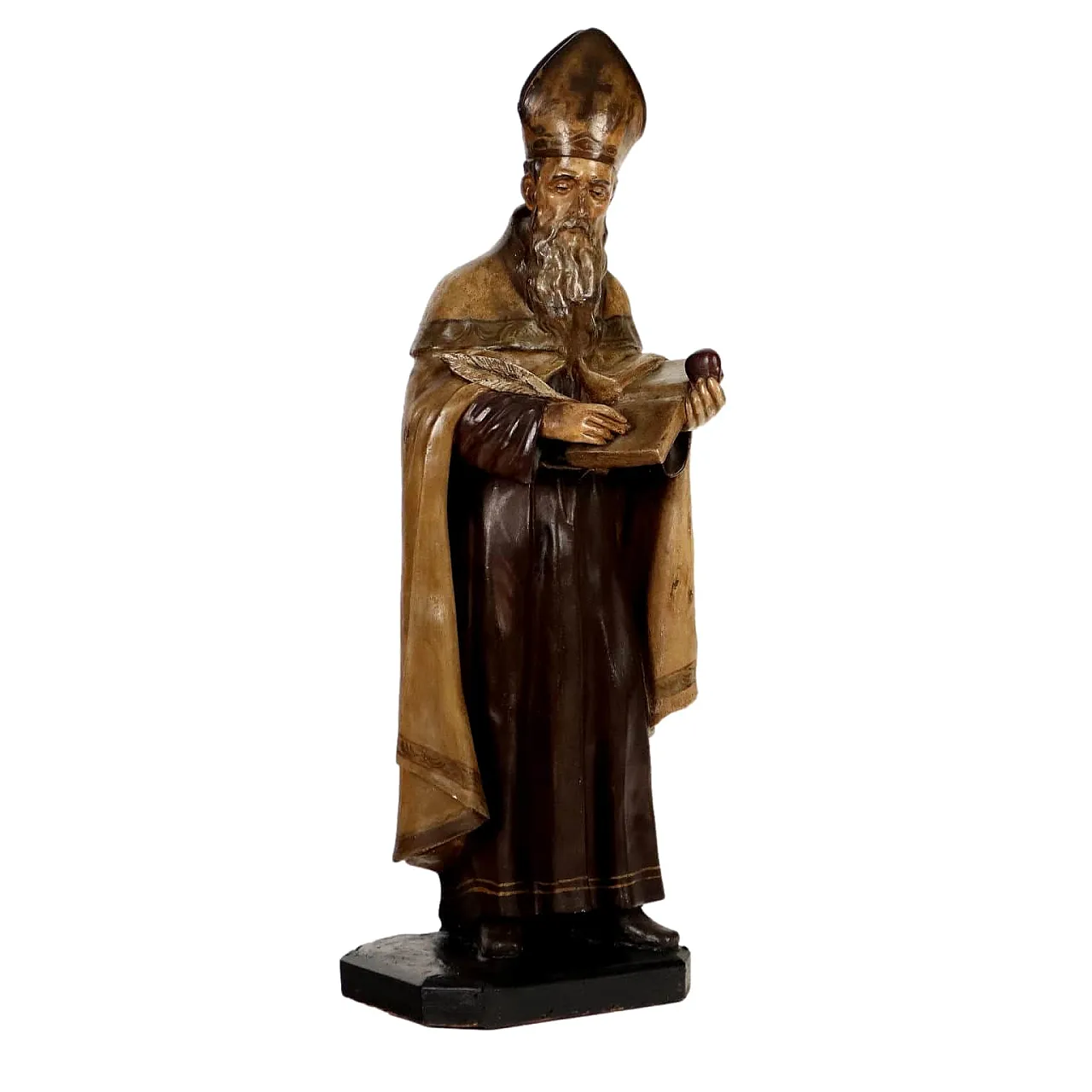 St. Augustine Bishop, chalked and painted wooden sculpture 1