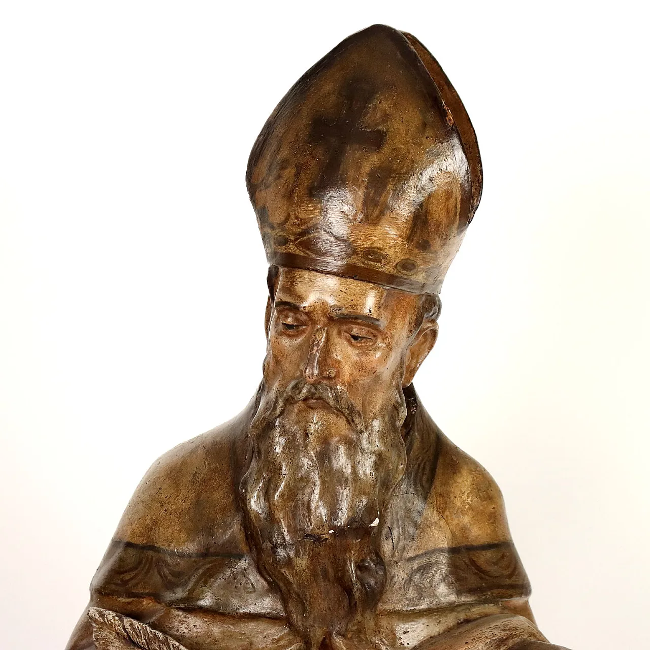 St. Augustine Bishop, chalked and painted wooden sculpture 3
