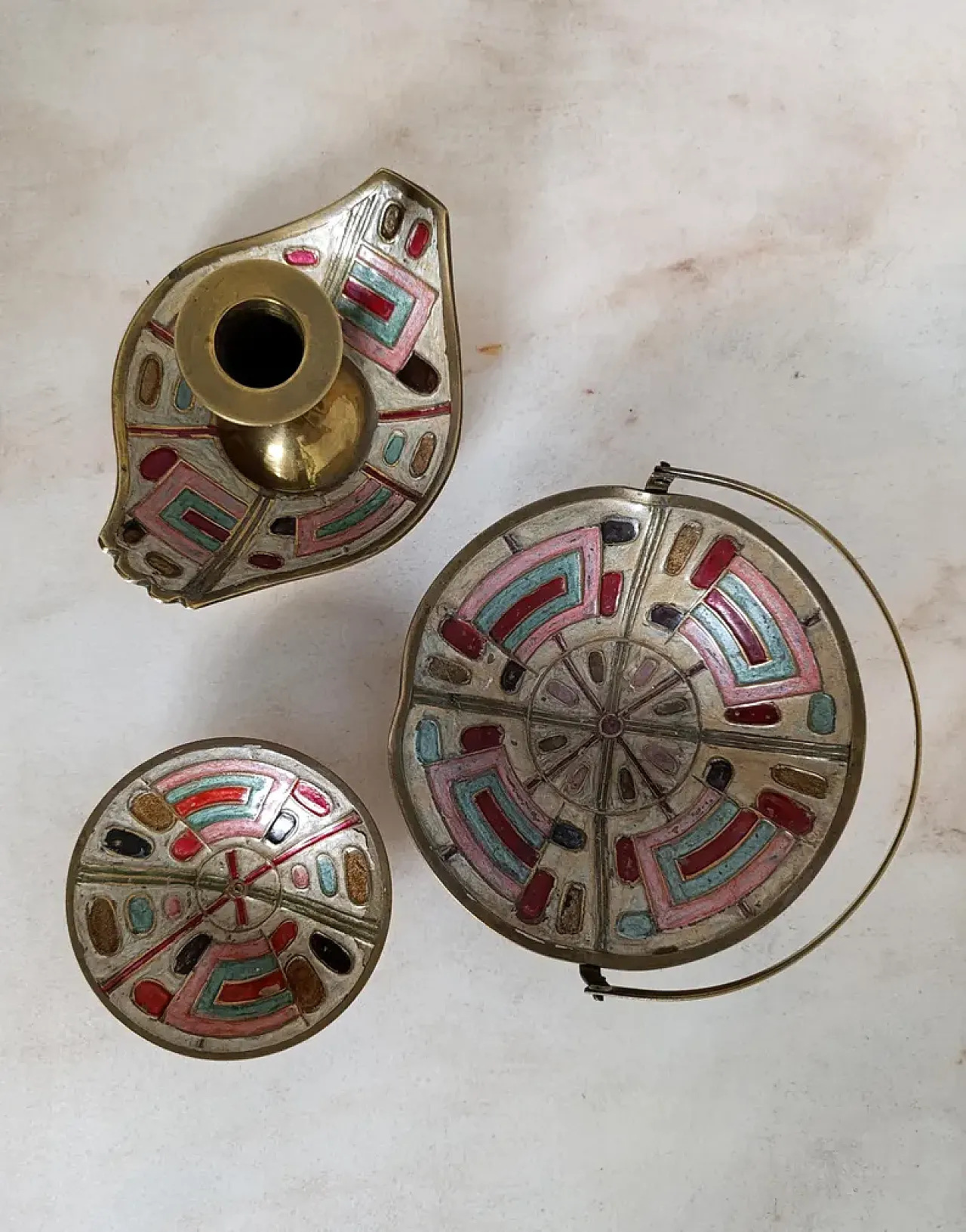 Painted Brass Set with candle holder and bowl, 1960s 1