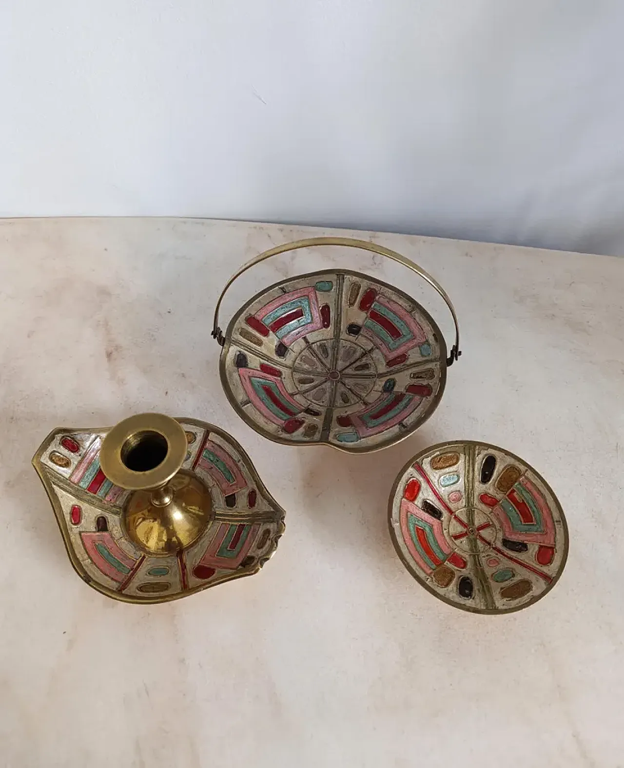 Painted Brass Set with candle holder and bowl, 1960s 2