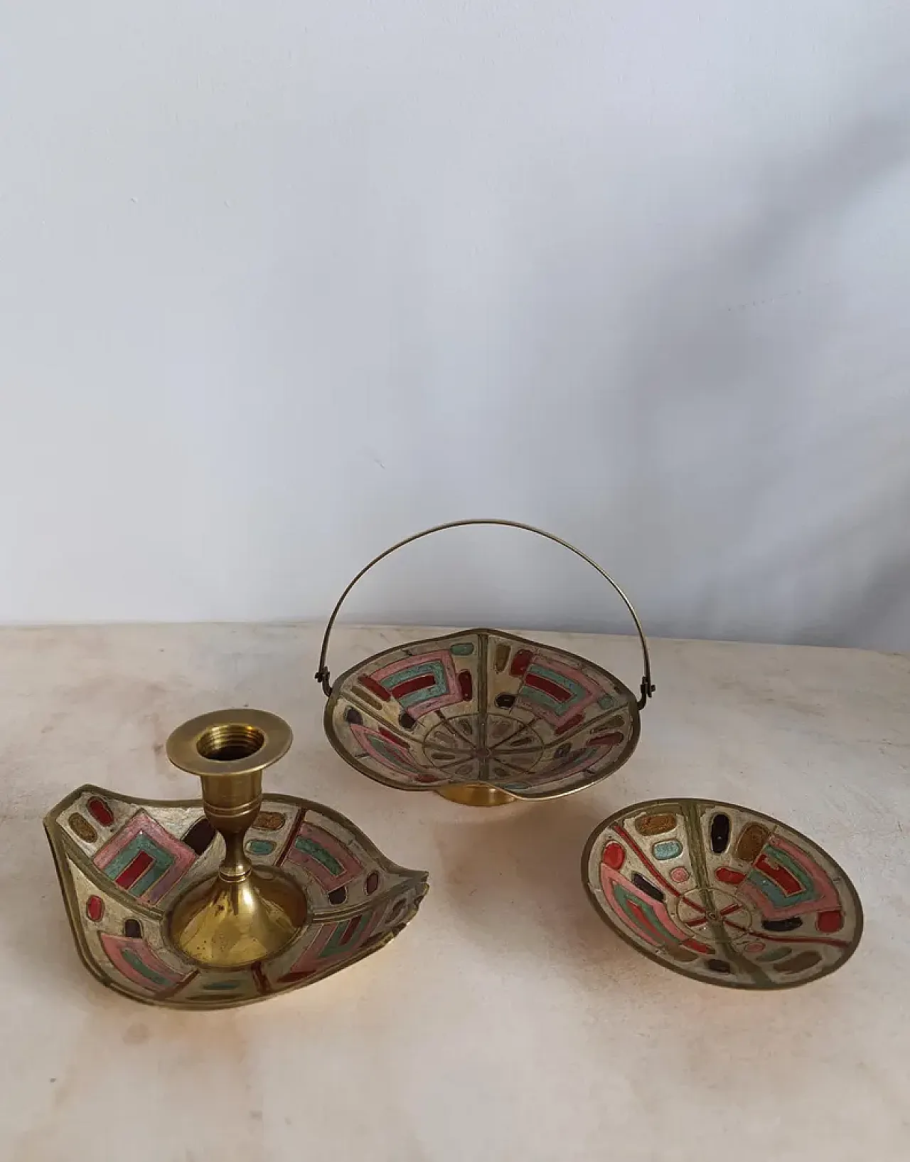 Painted Brass Set with candle holder and bowl, 1960s 3