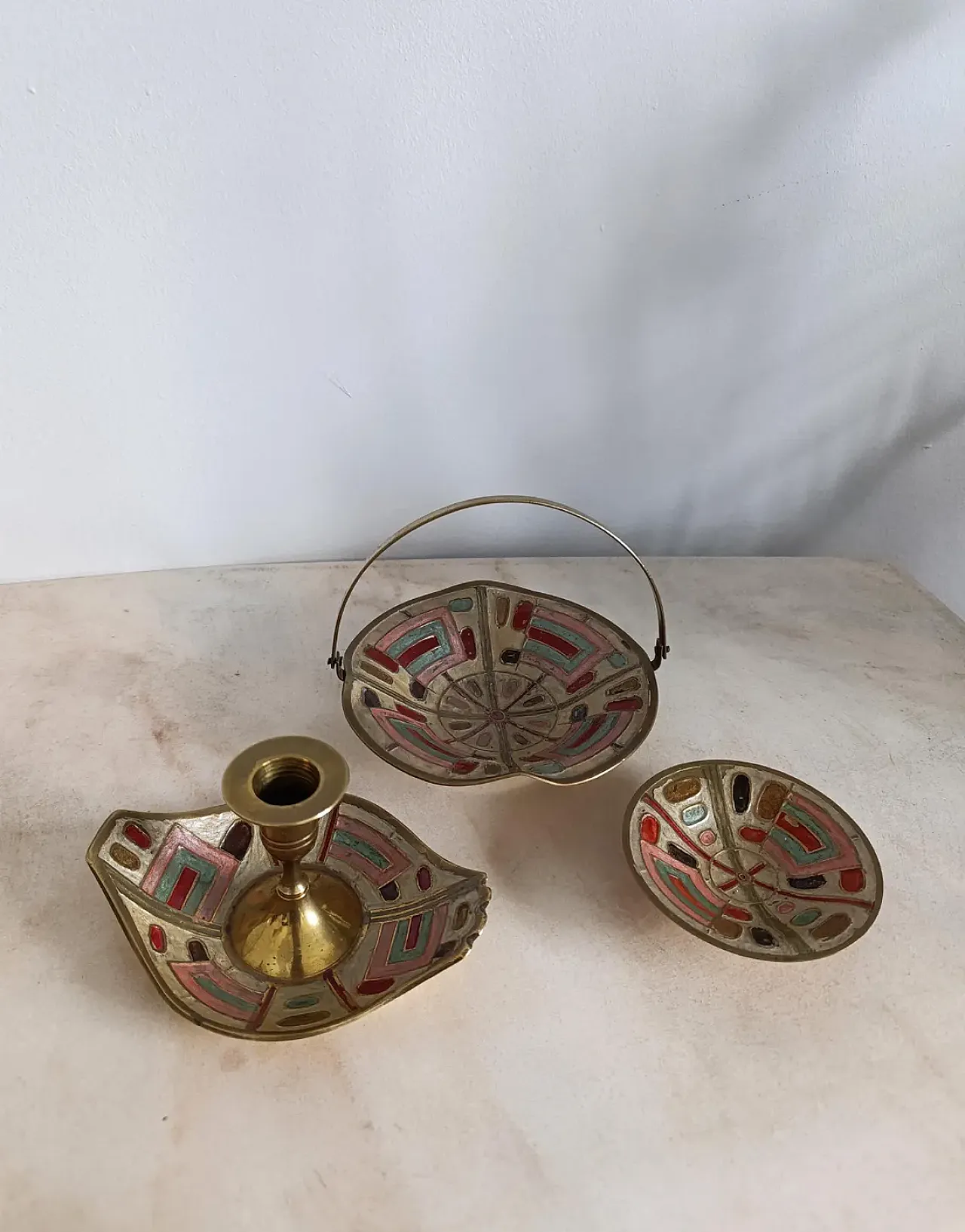 Painted Brass Set with candle holder and bowl, 1960s 4