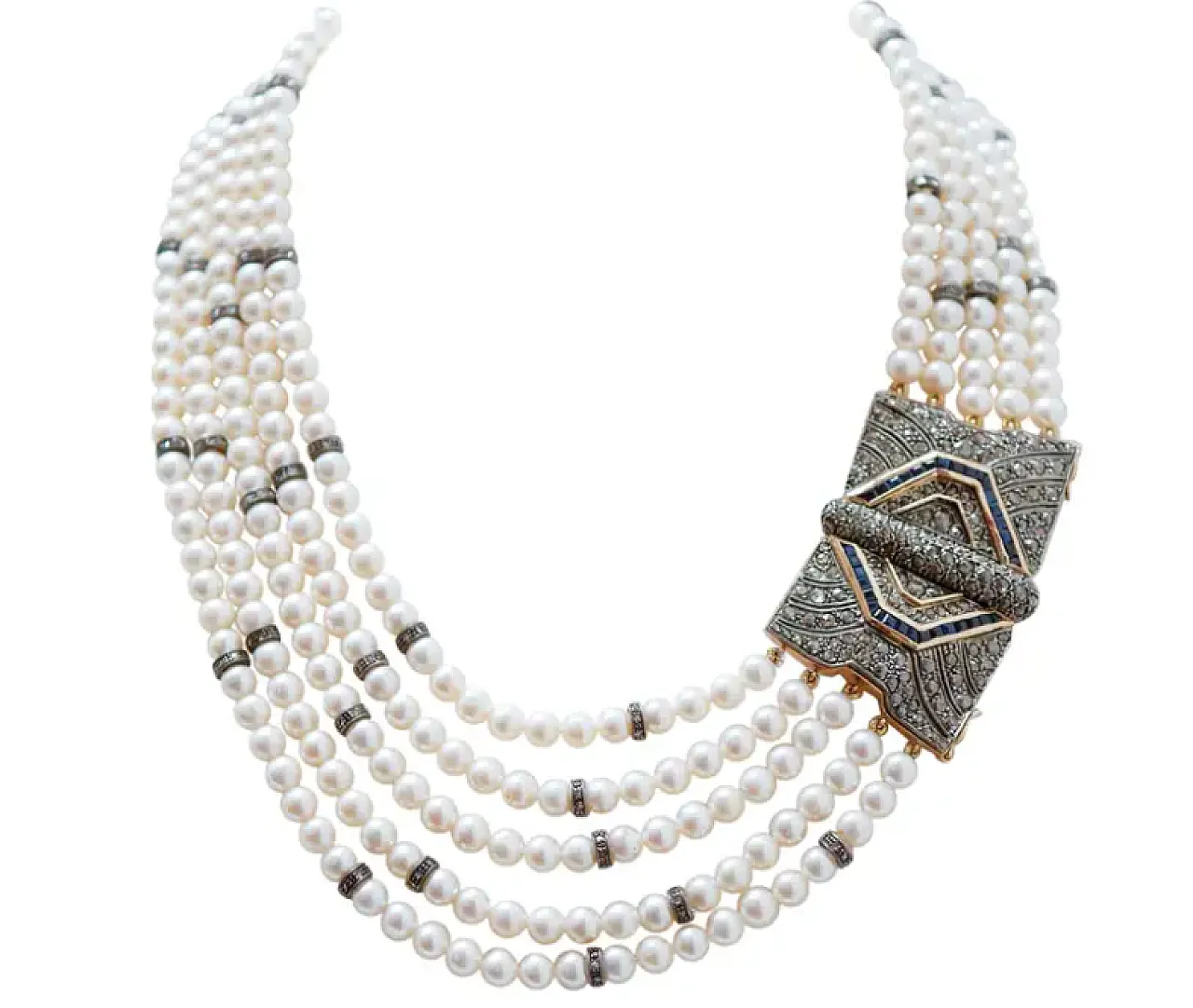 Rose gold and silver necklace with pearls, sapphires, diamonds, 1950s 1