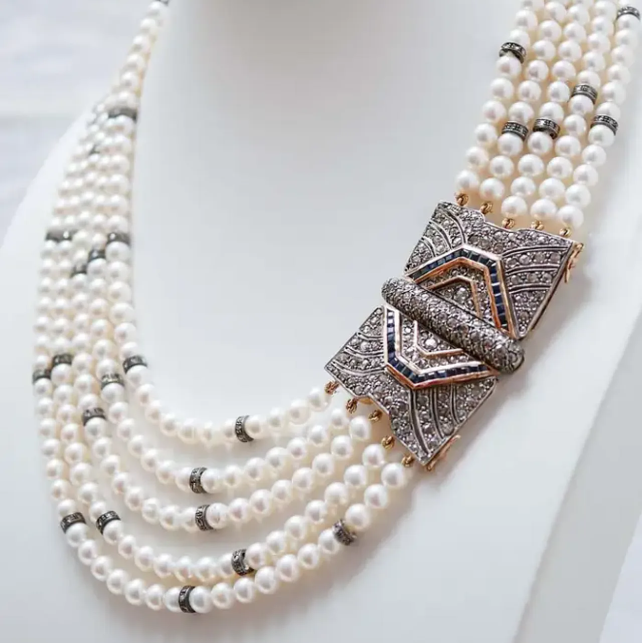 Rose gold and silver necklace with pearls, sapphires, diamonds, 1950s 2