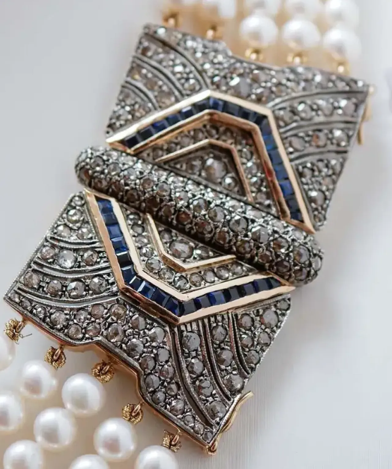 Rose gold and silver necklace with pearls, sapphires, diamonds, 1950s 3