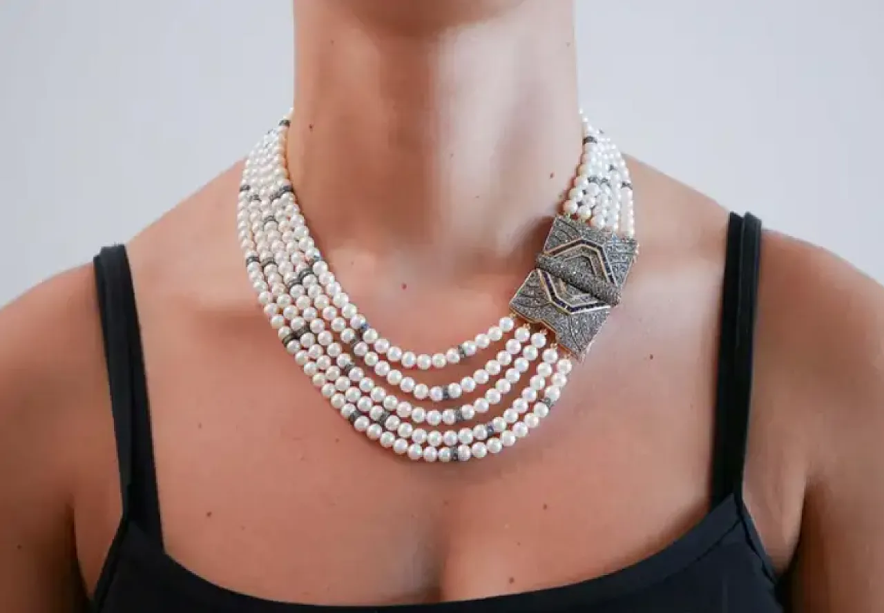 Rose gold and silver necklace with pearls, sapphires, diamonds, 1950s 4