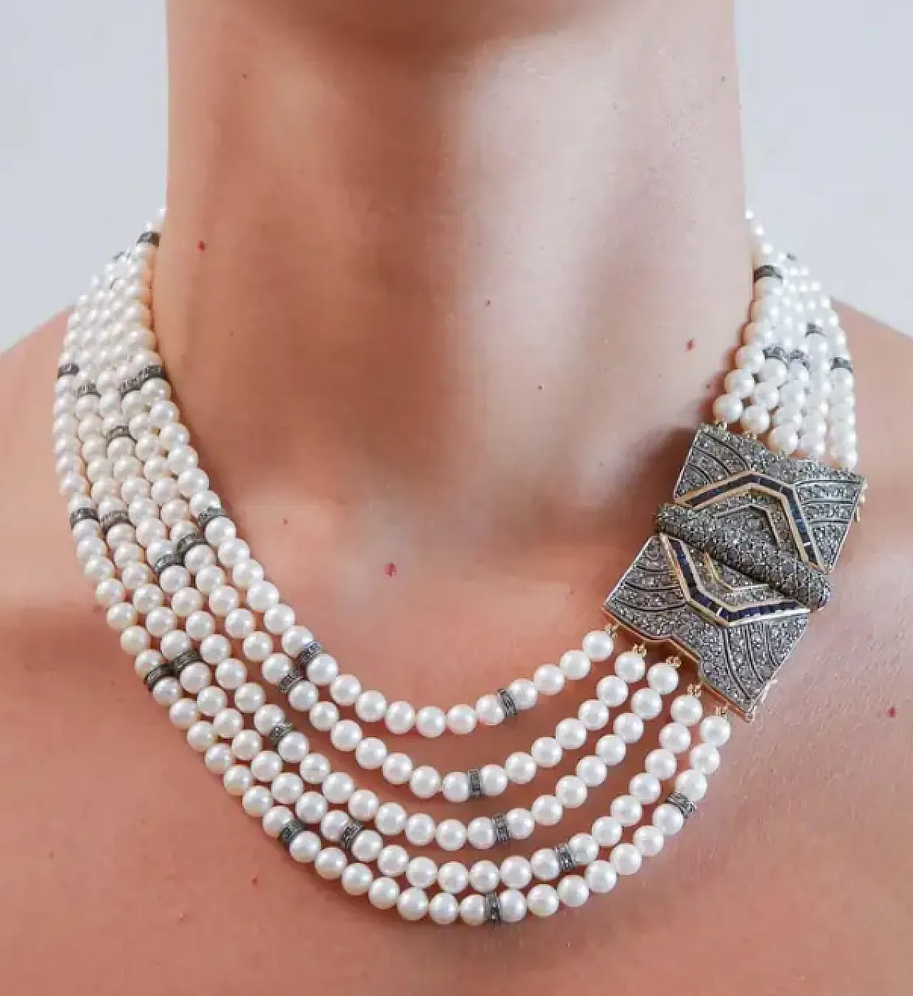 Rose gold and silver necklace with pearls, sapphires, diamonds, 1950s 5