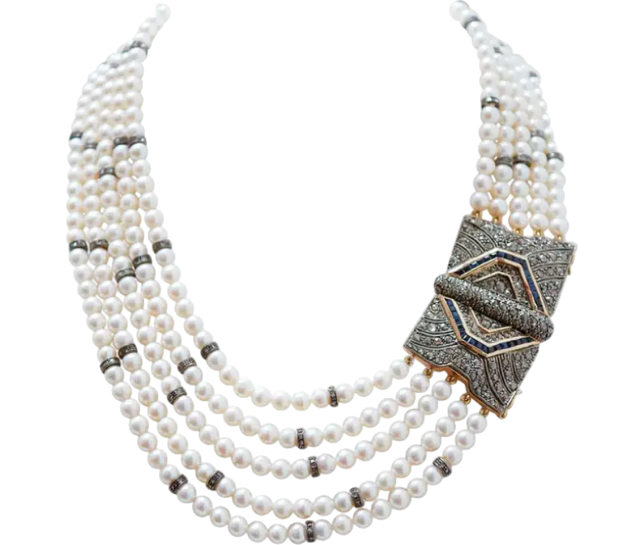 Rose gold and silver necklace with pearls, sapphires, diamonds, 1950s 7