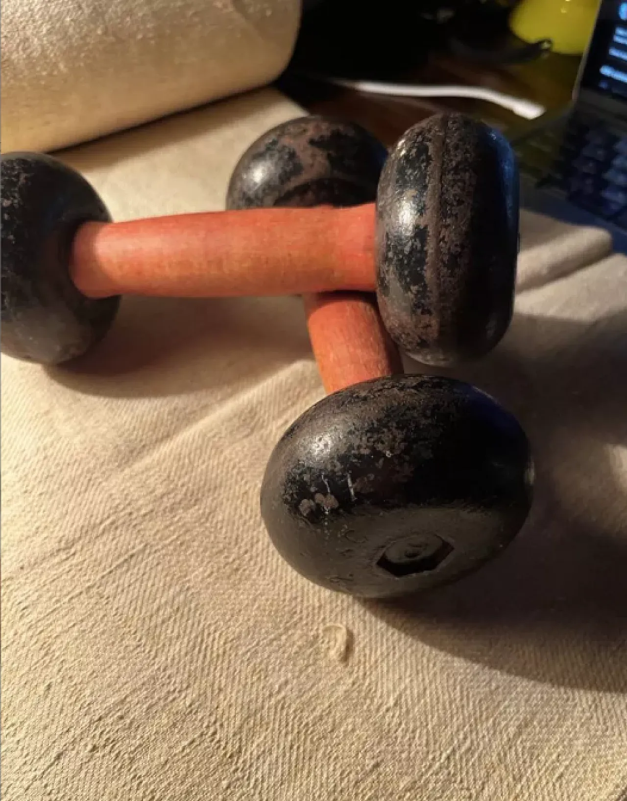 Pair of cast iron and wooden dumbbells, mid-19th century 3