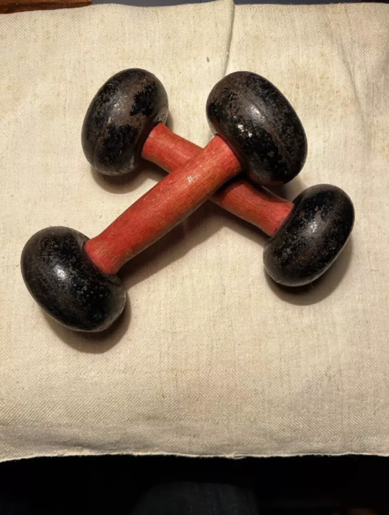 Pair of cast iron and wooden dumbbells, mid-19th century 4
