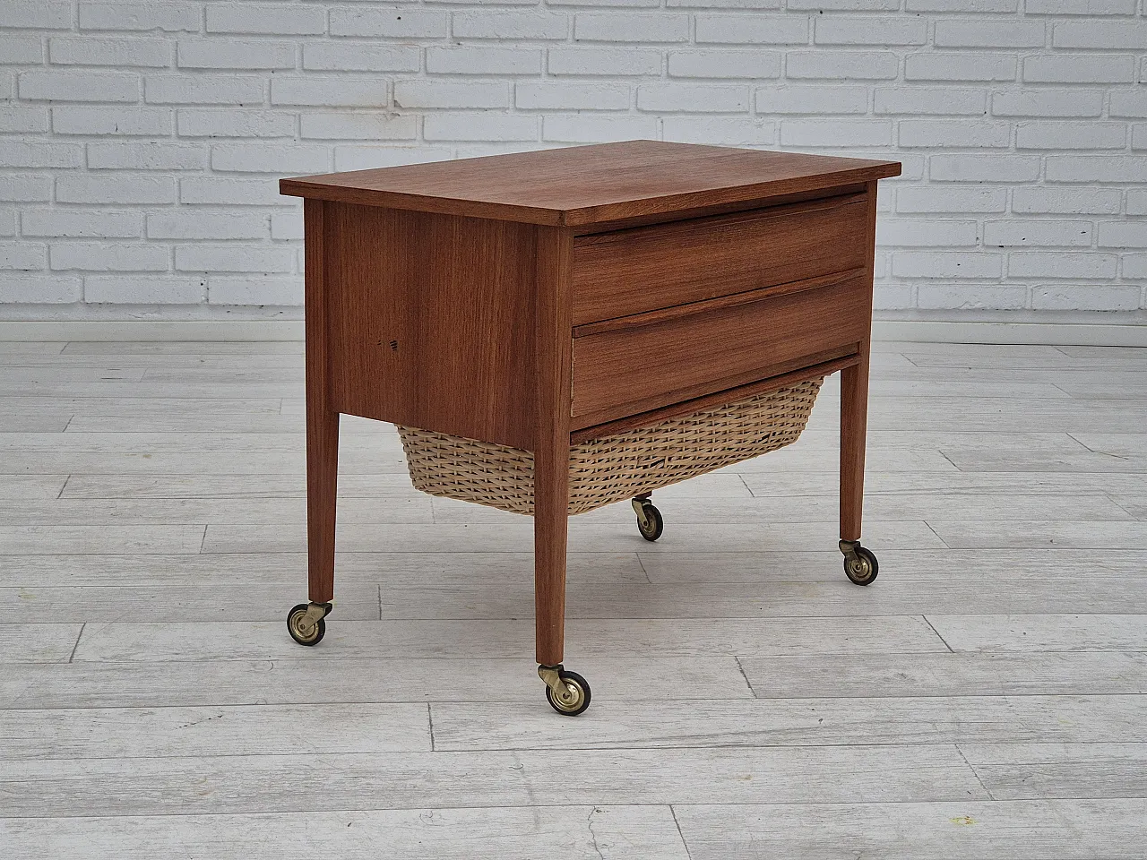 Danish side chest of drawers, teak wood, rattan, brass wheels, 70s 1
