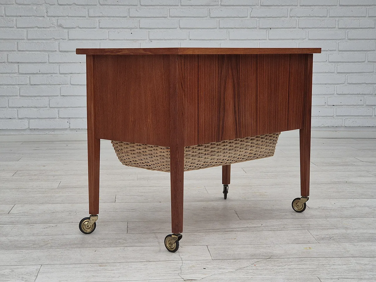 Danish side chest of drawers, teak wood, rattan, brass wheels, 70s 2