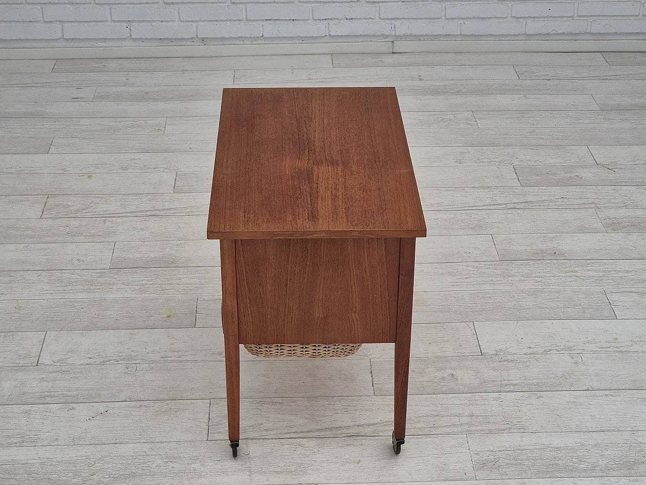 Danish side chest of drawers, teak wood, rattan, brass wheels, 70s 4