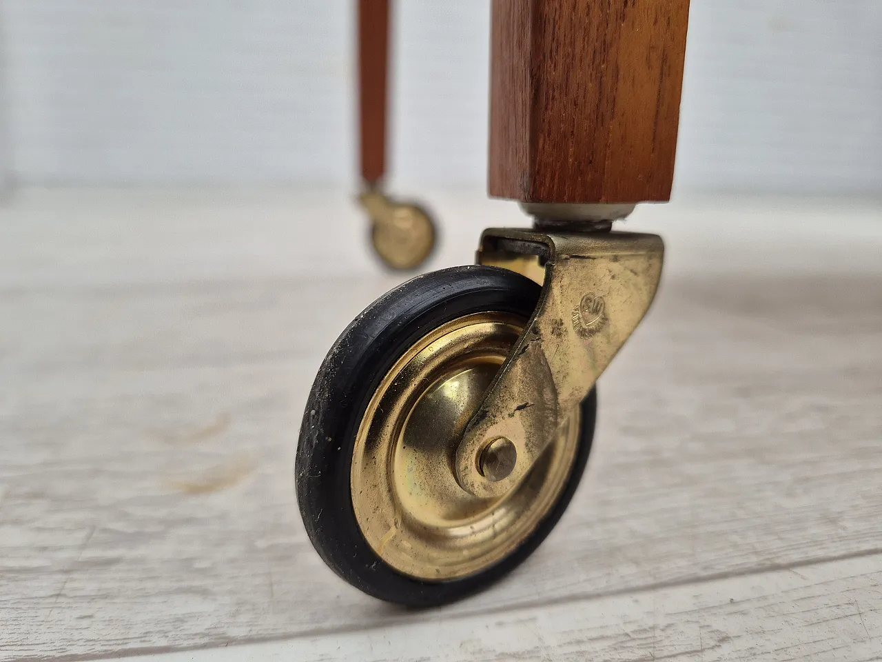 Danish side chest of drawers, teak wood, rattan, brass wheels, 70s 7
