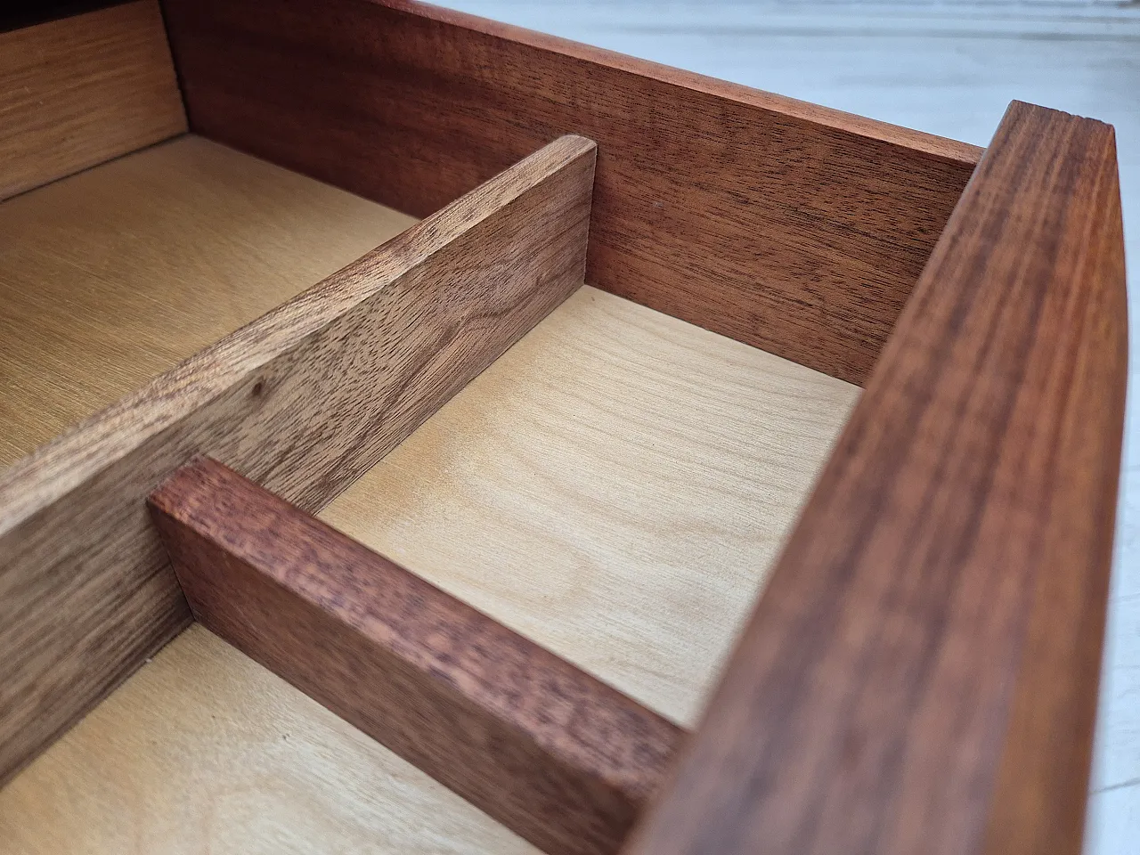 Danish side chest of drawers, teak wood, rattan, brass wheels, 70s 10