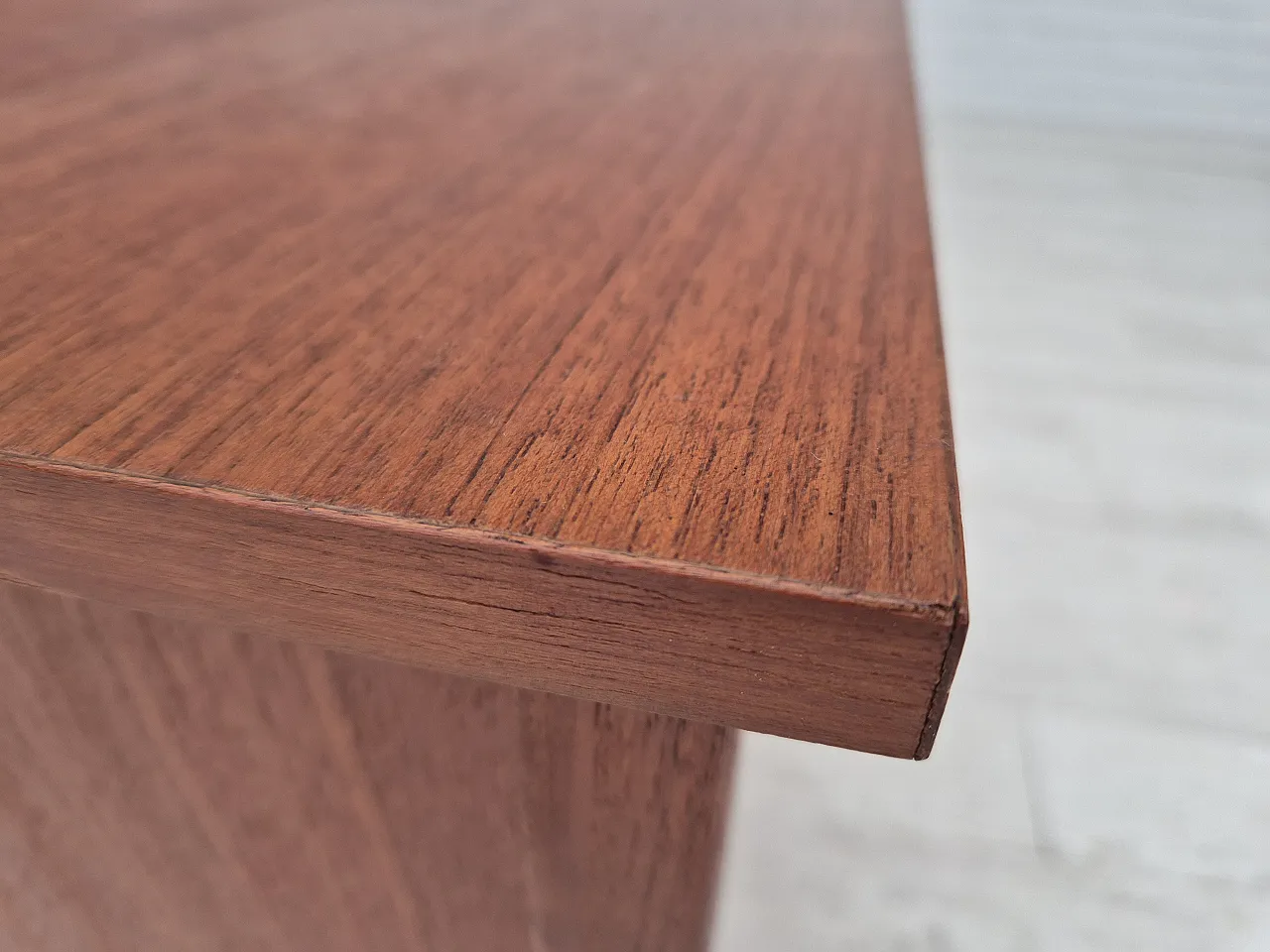 Danish side chest of drawers, teak wood, rattan, brass wheels, 70s 11