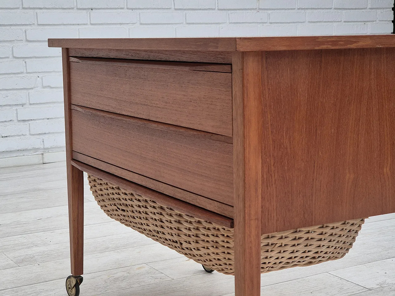 Danish side chest of drawers, teak wood, rattan, brass wheels, 70s 12