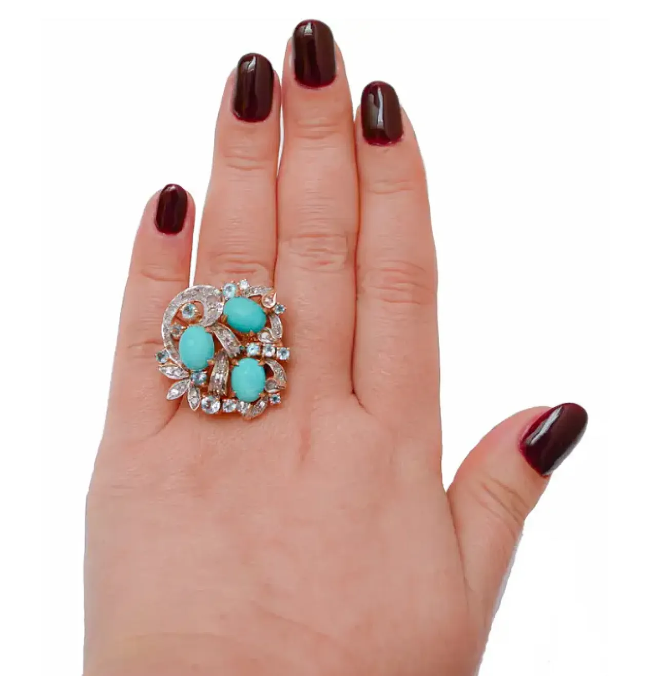 Gold and silver ring with topazes, turquoises, diamonds, 1960s 4