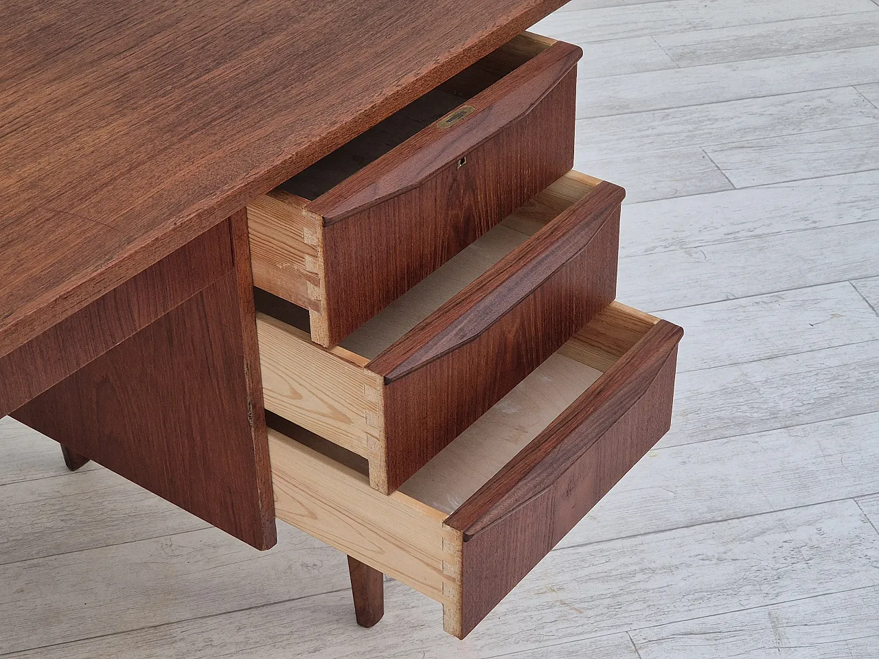 1960s, Danish teak wood desk, drawers, original. 5