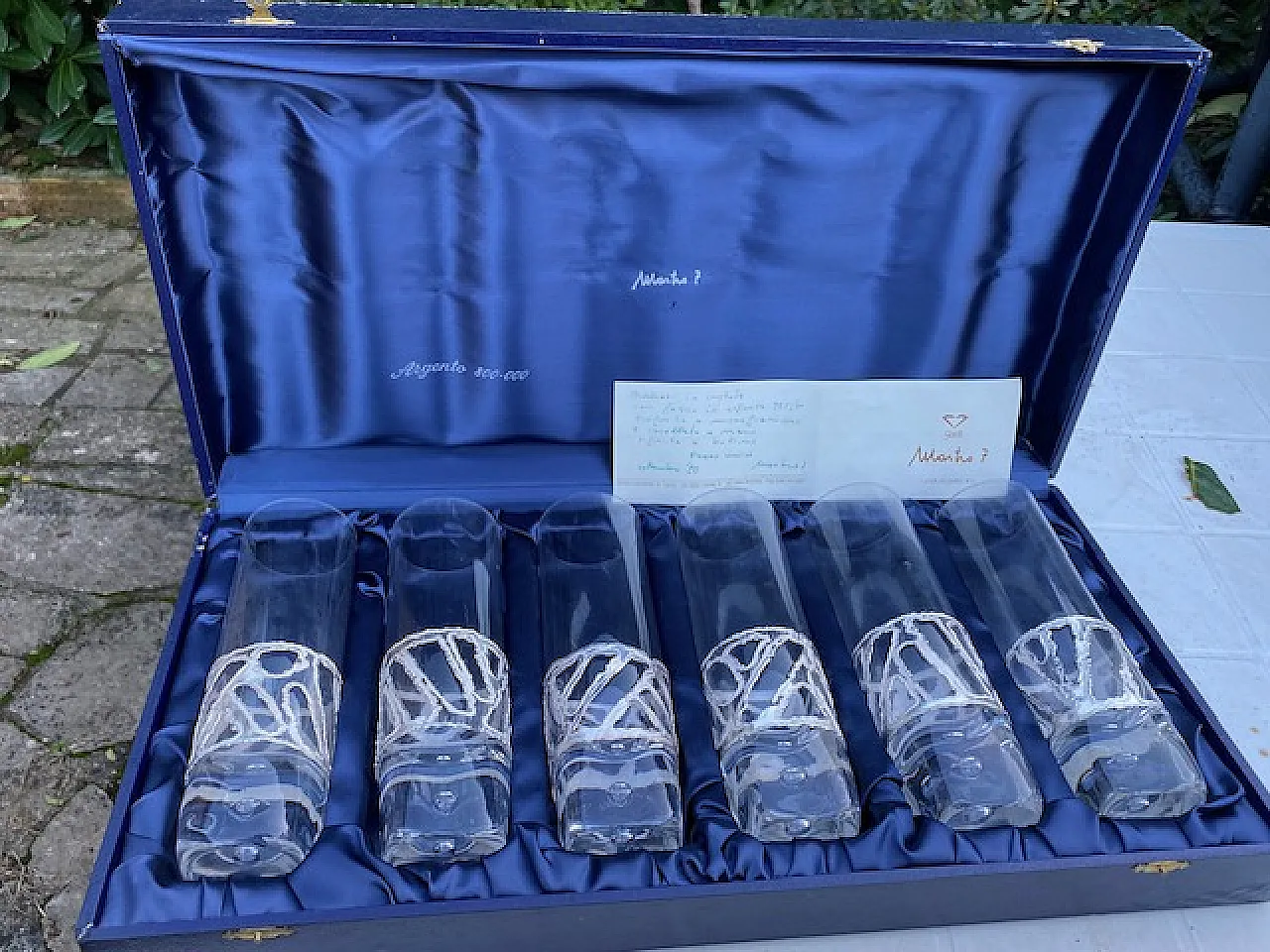 6 Bicchieri in cristallo con fascia in argento 925, fine '900 1