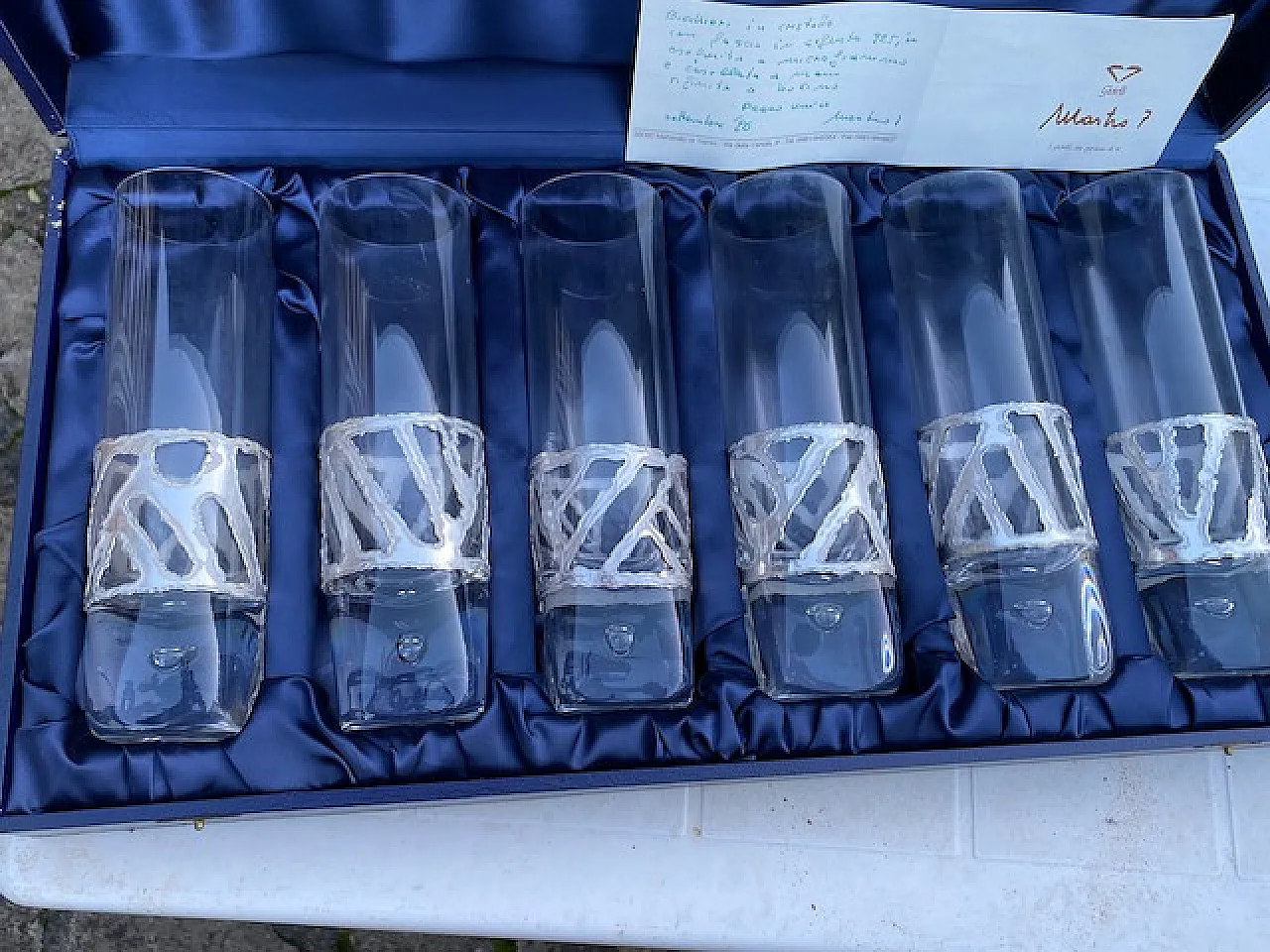 6 Bicchieri in cristallo con fascia in argento 925, fine '900 3