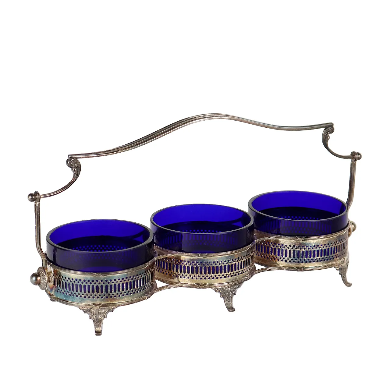 English silver and blue glass sauce holder 1
