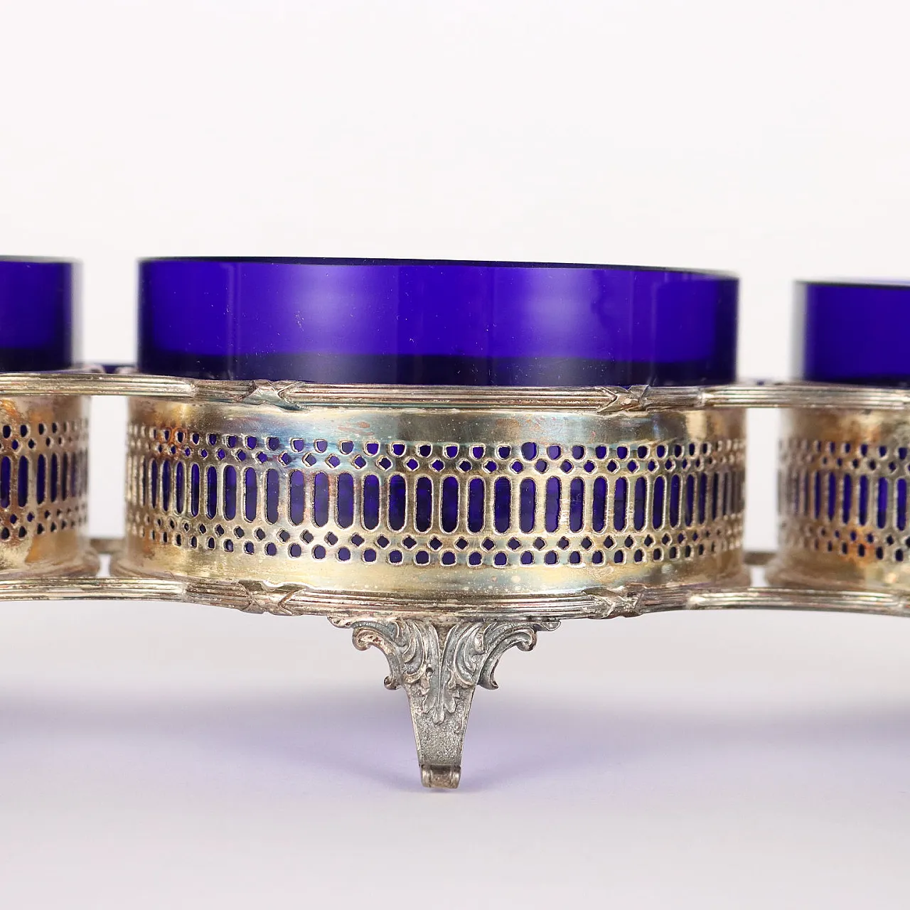 English silver and blue glass sauce holder 3