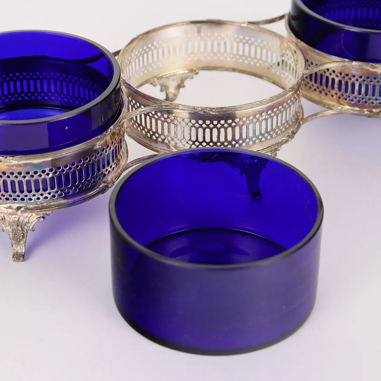 English silver and blue glass sauce holder 8