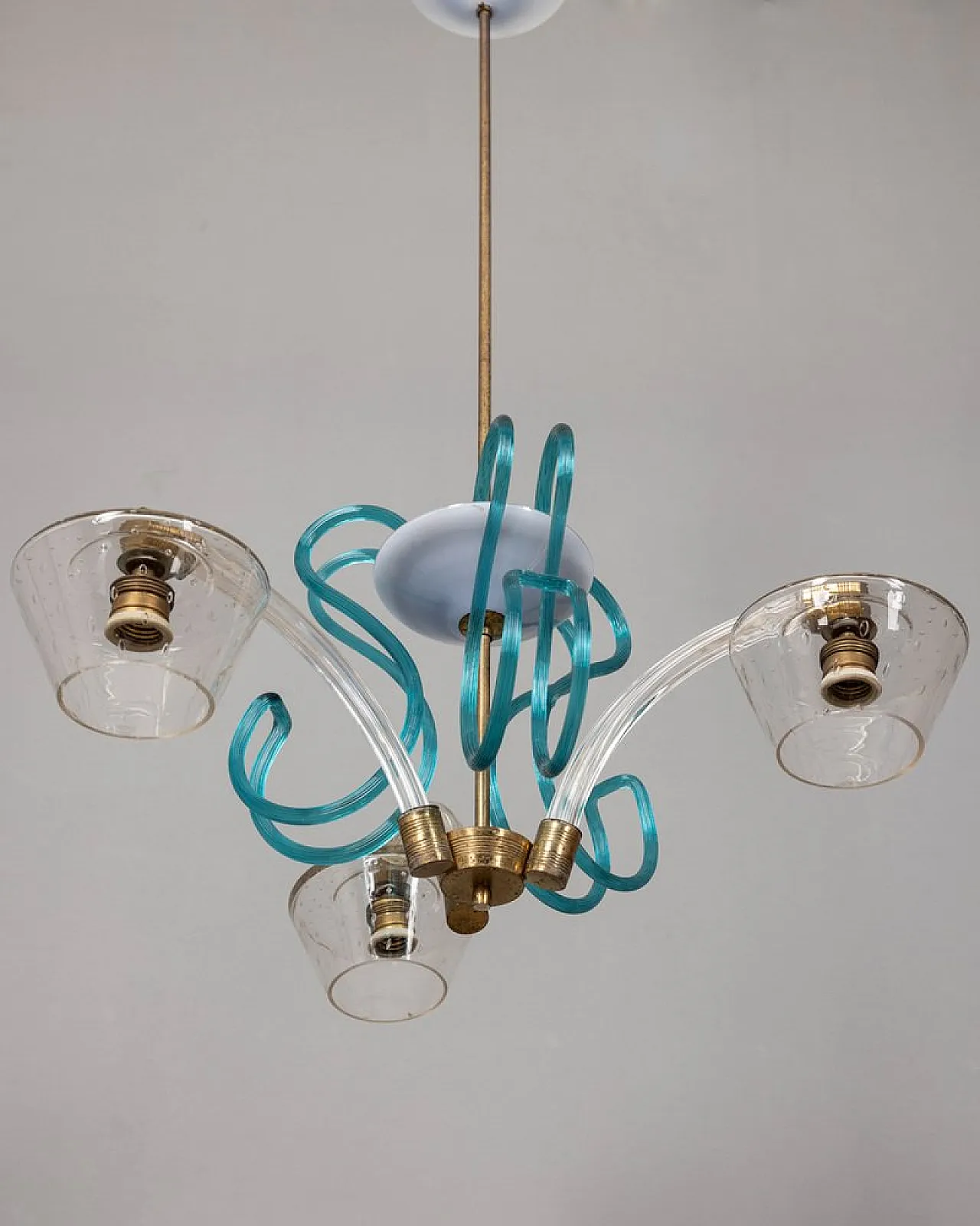 Lampada a sospensione in ottone e vetro di Murano, anni '50 3