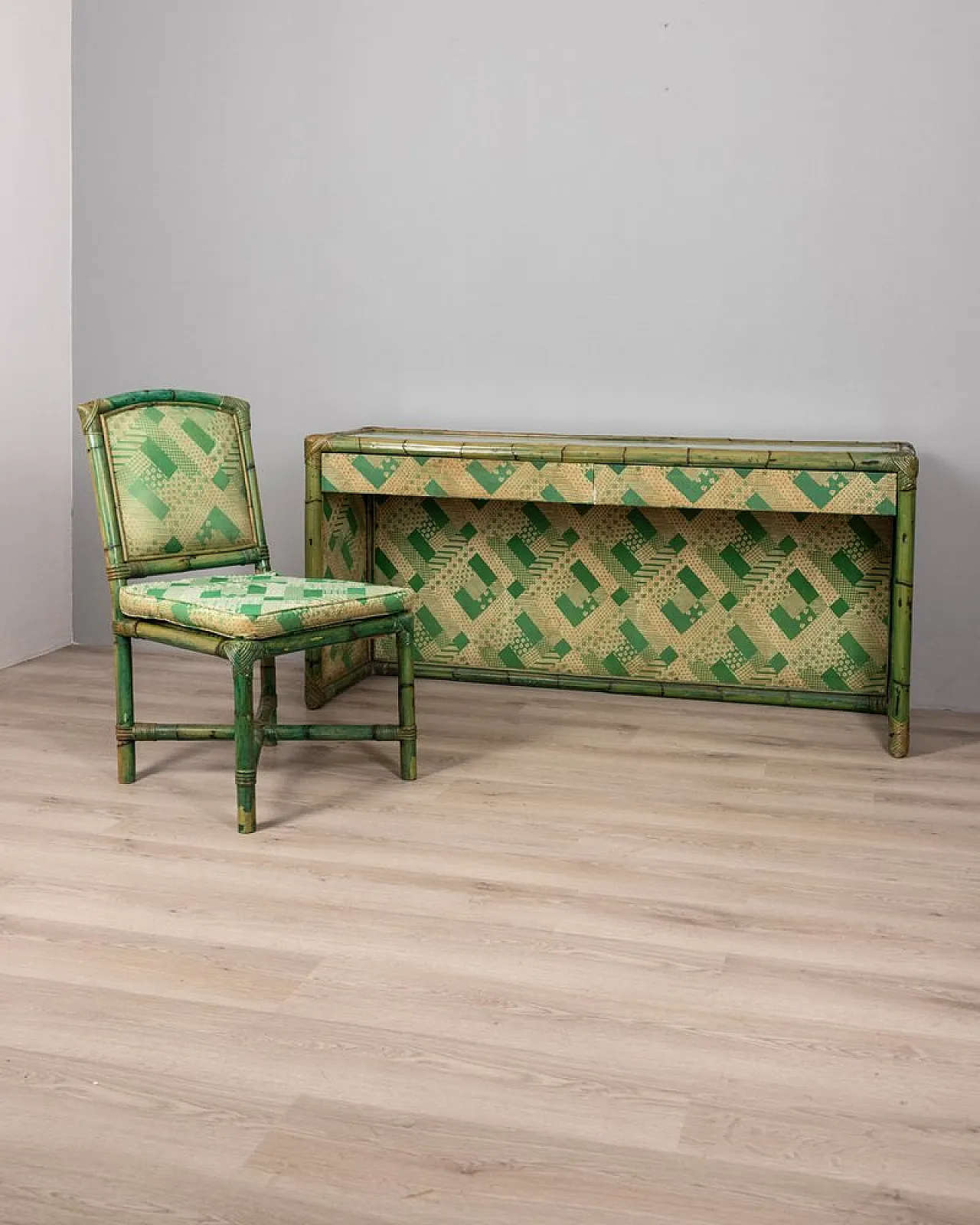 Vivai Del Sud green bamboo and fabric desk and chair, 1960s 2