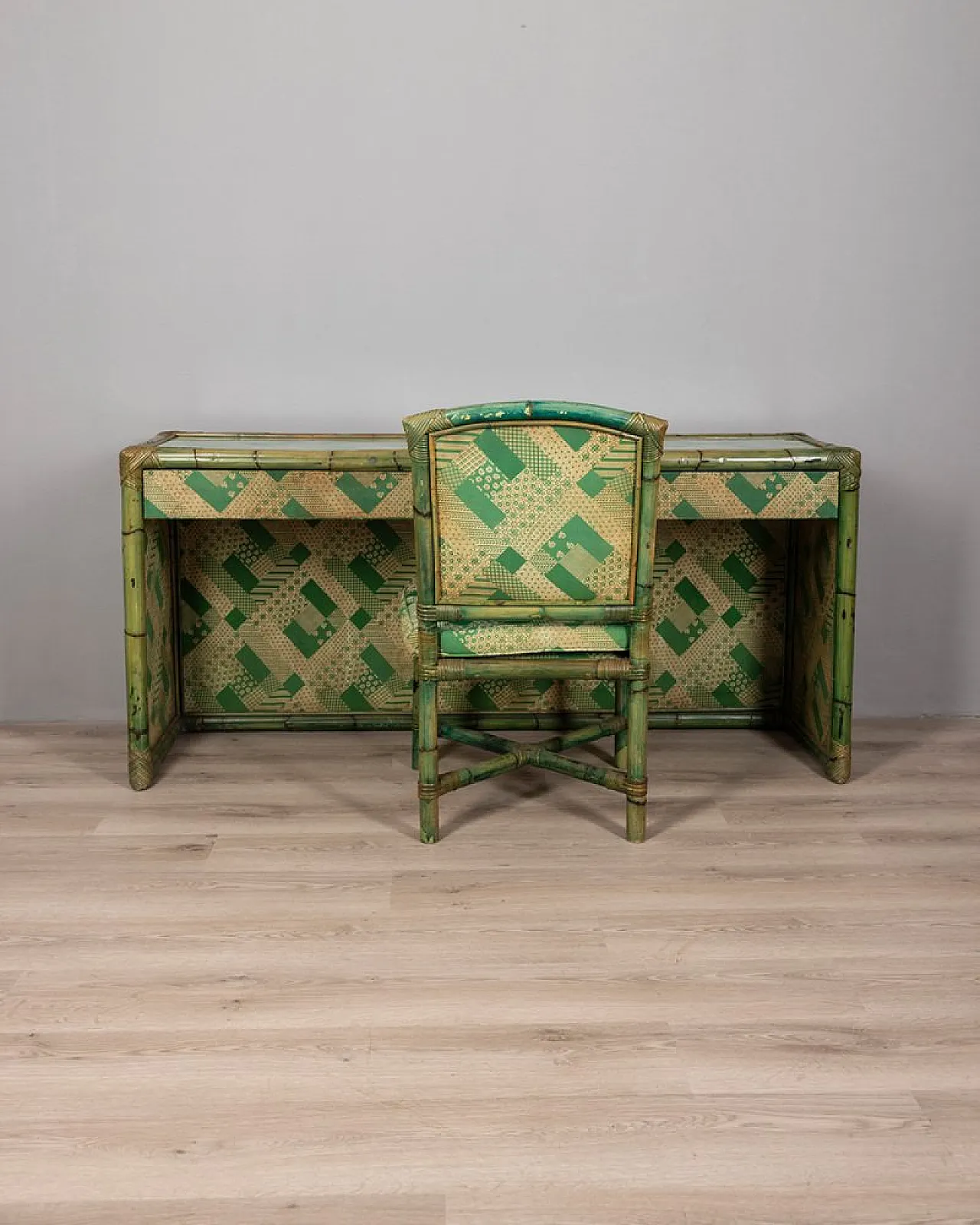 Vivai Del Sud green bamboo and fabric desk and chair, 1960s 3