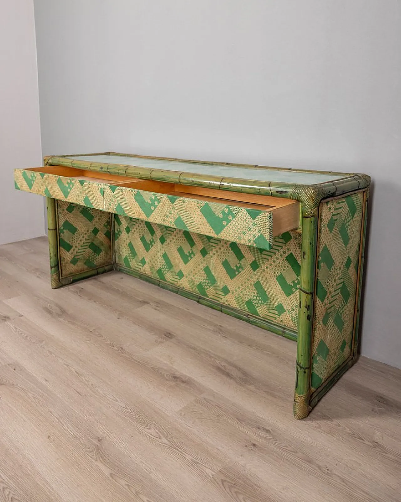 Vivai Del Sud green bamboo and fabric desk and chair, 1960s 4