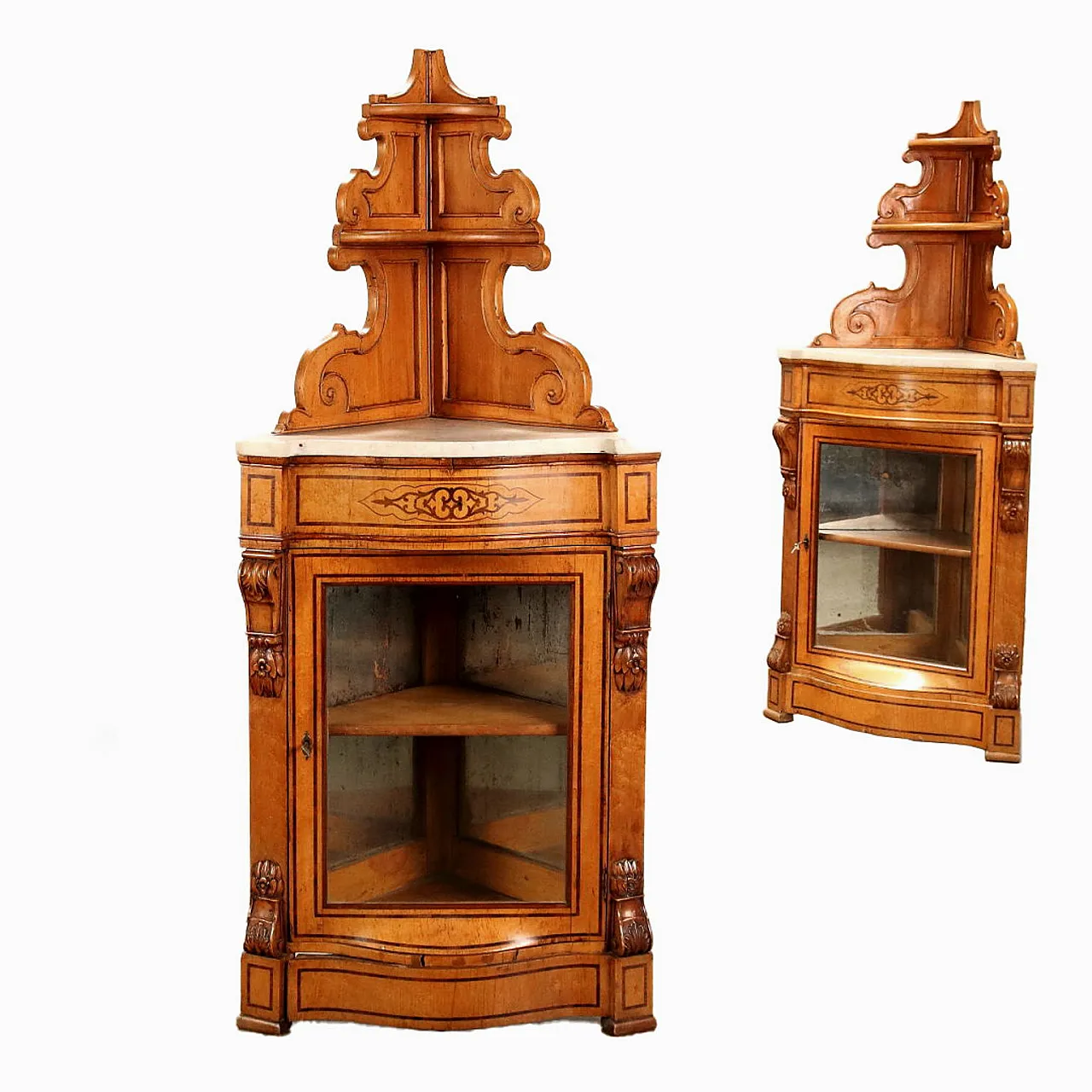 4 Louis Philippe maple corner cabinets with marble top and display case, mid-19th century 1